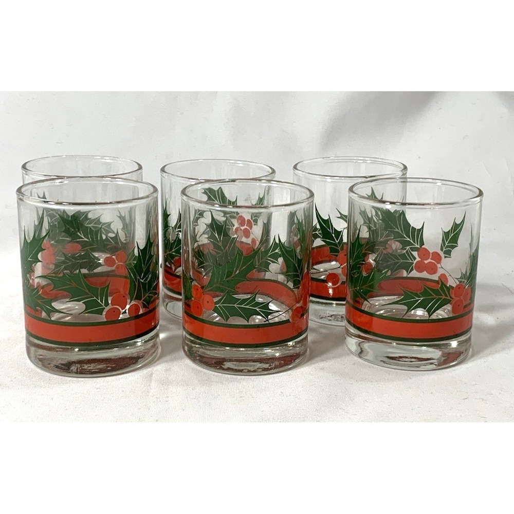 Libbey Holly and Berries Votive Juice Glasses 2.5" Vintage Set of 6